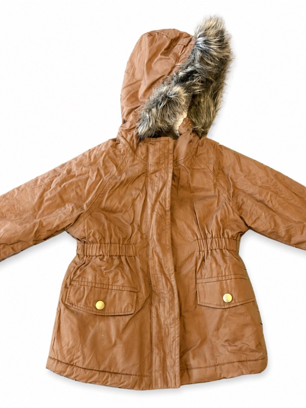 Old Navy Girls' Rust Brown Hooded Puffer Coat with Faux Fur Trim